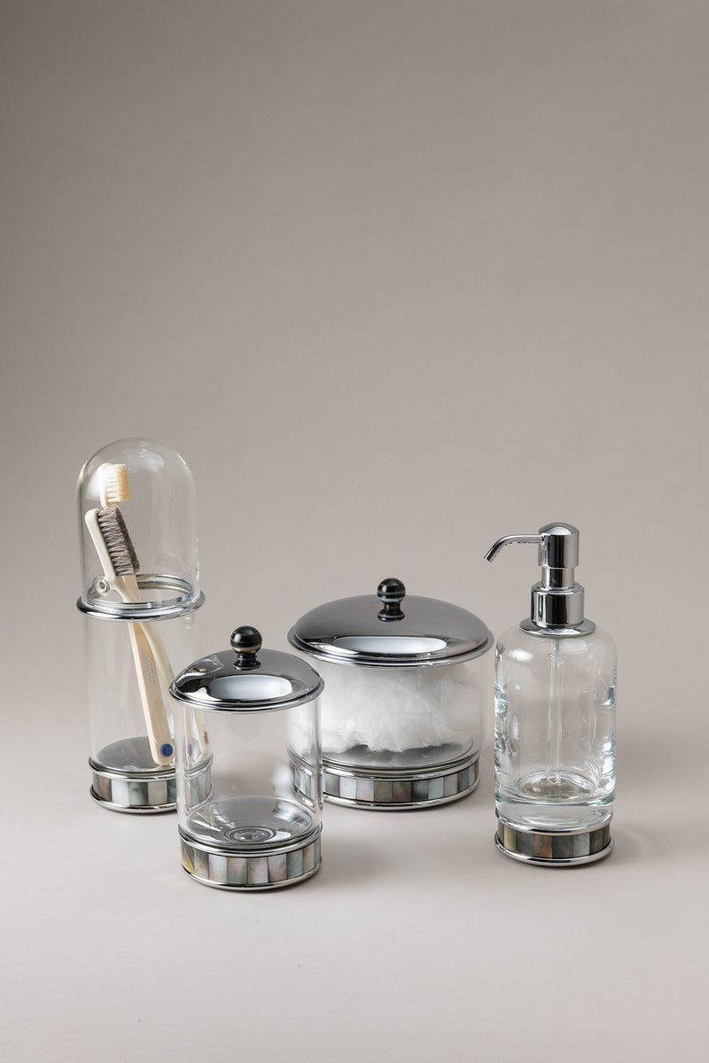 Dosatore sapone liquido vetro in Madreperla - Mother of pearl Glass soap dispenser with natural material base