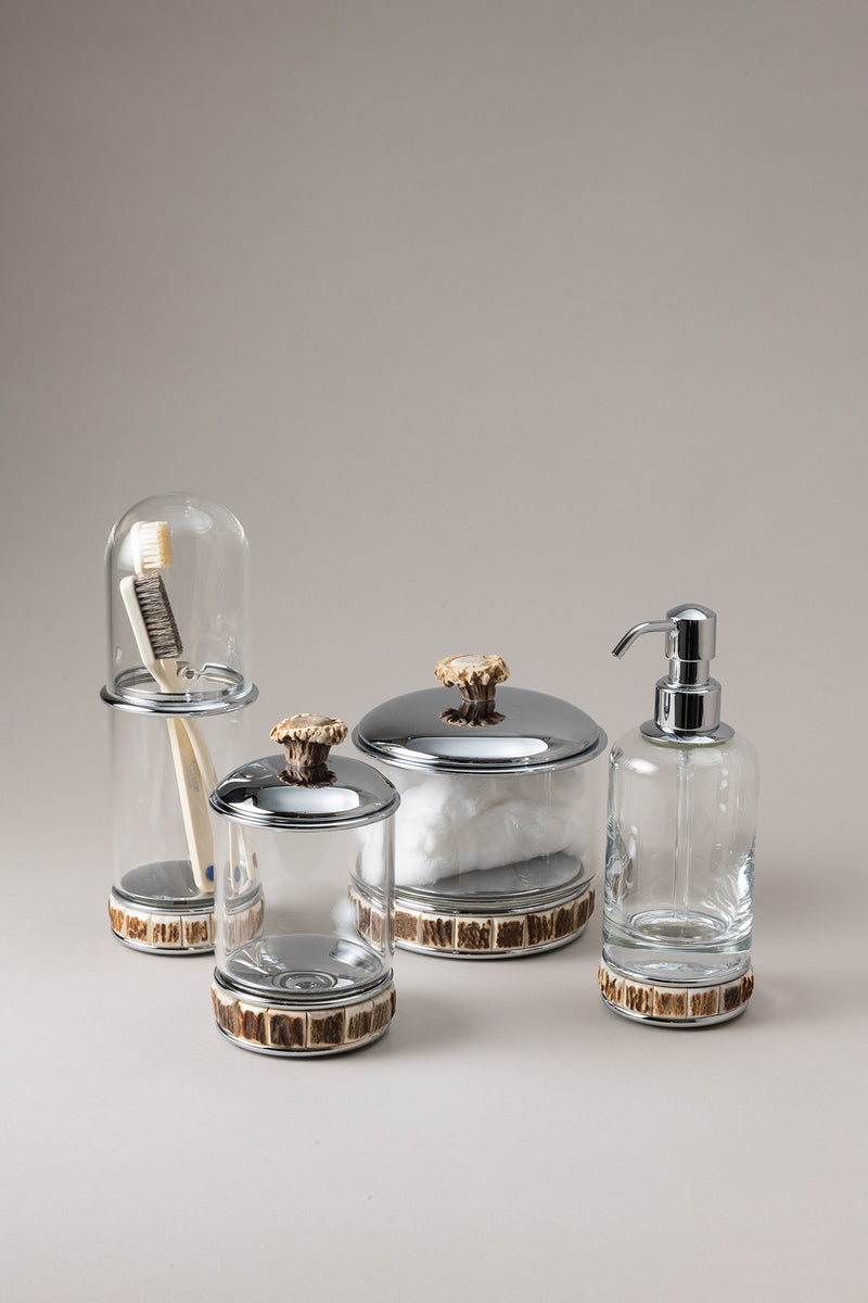 Dosatore sapone liquido vetro in Cervo (palco) - Stag antler Glass soap dispenser with natural material base