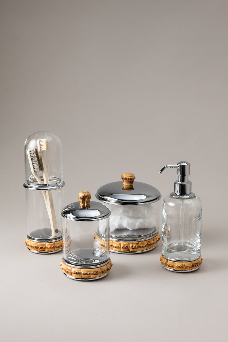 Dosatore sapone liquido vetro in Bambù - Bamboo root Glass soap dispenser with natural material base
