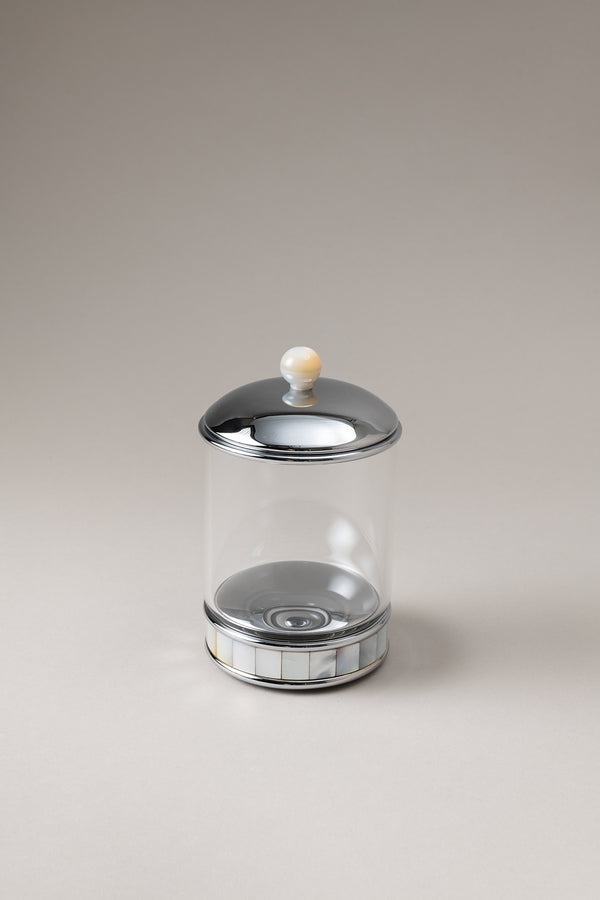 Porta stick cilindro vetro in Madreperla - Mother of pearl Glass toilet ear picks jar with natural material base