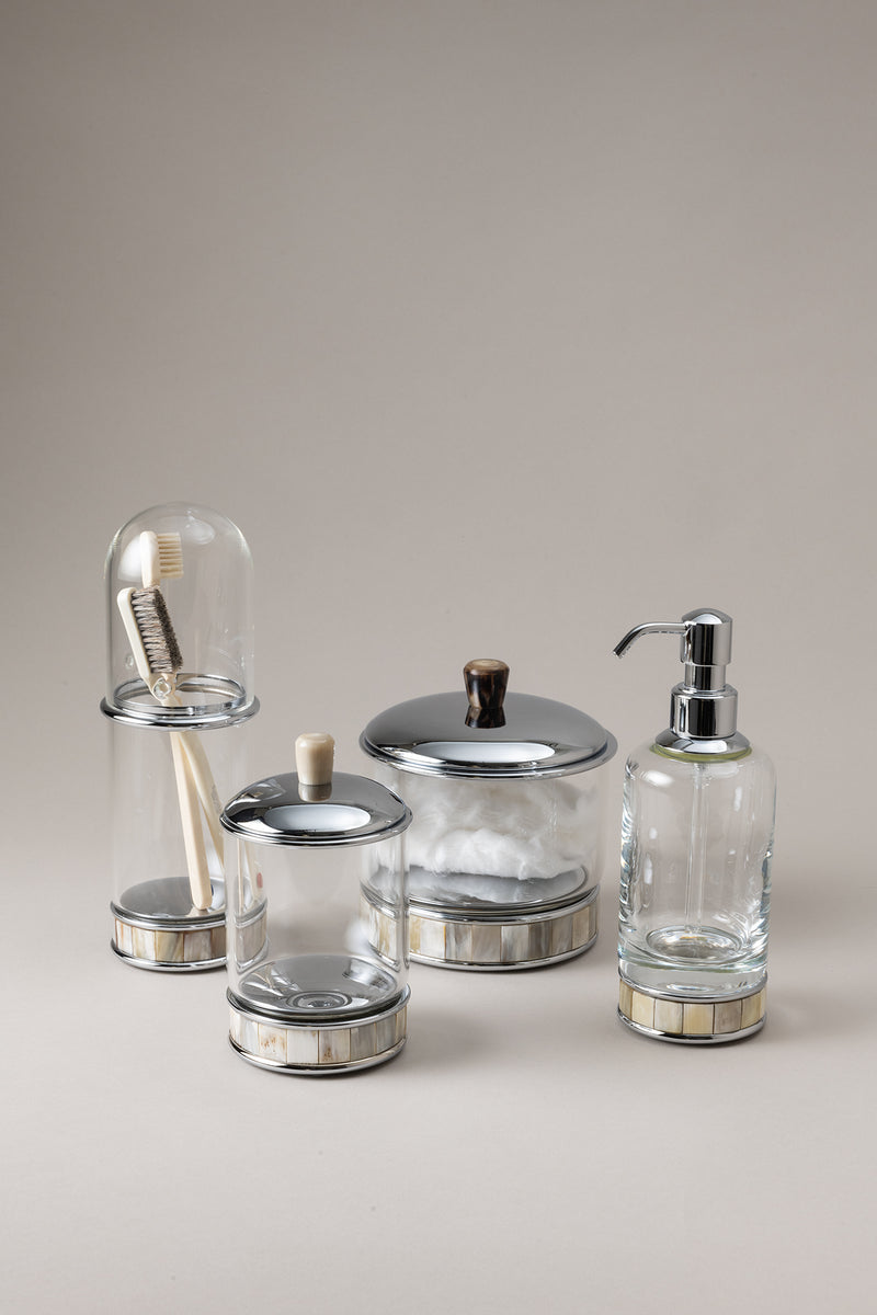 Porta cotton fioc cilindro vetro in Zebu - Zebu Glass toilet ear picks jar with natural material base