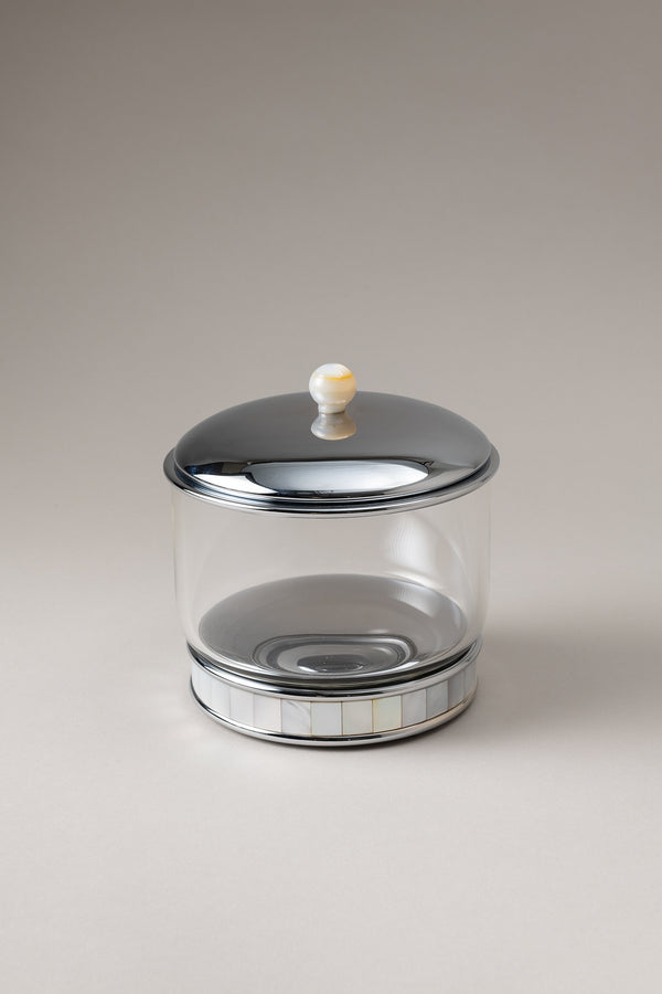Porta cotone cilindro vetro in Madreperla - Mother of pearl Glass cotton jar with natural material base