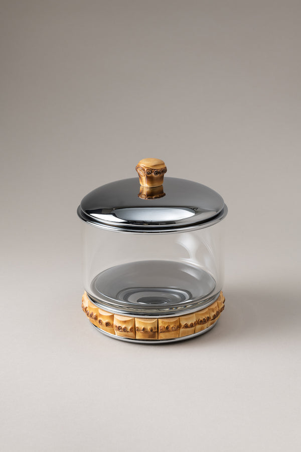 Porta cotone cilindro vetro in Bambù - Bamboo root Glass cotton jar with natural material base