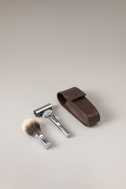 Set rasoio pennello barba viaggio rotante in Ottone cromato - Chrome plated brass Shaving rotating travel set