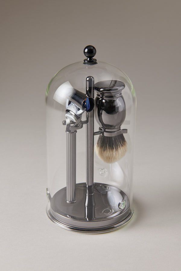 Set barba toilette con campana in Nichel nero - Black nikel Shaving set with glass dome