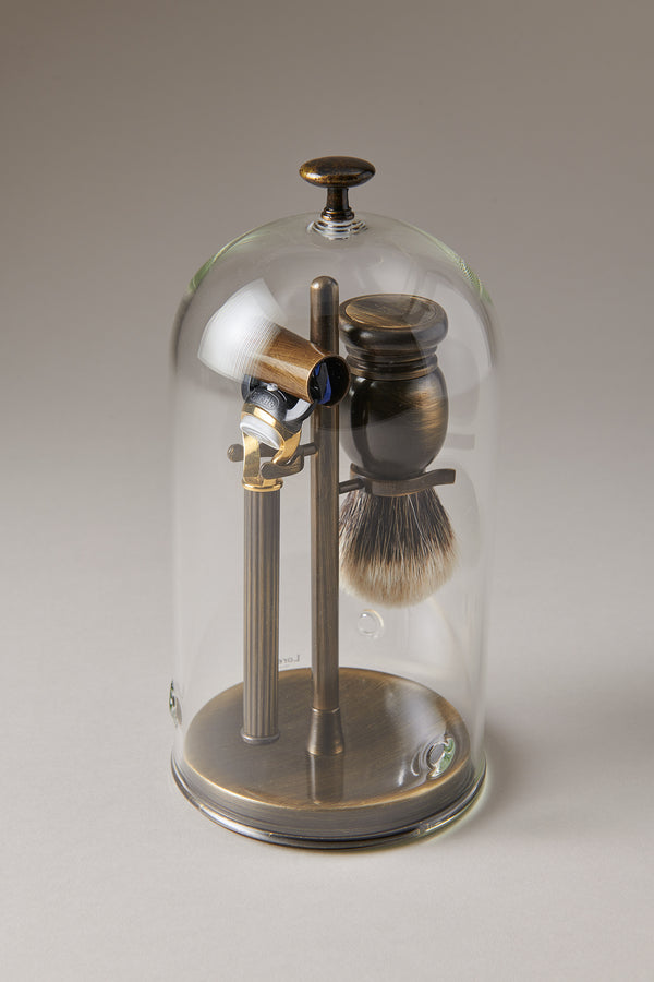 Set barba toilette con campana in Ottone anticato - Antique brass Shaving set with glass dome