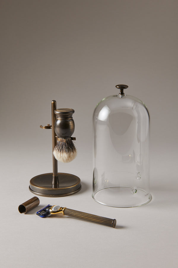 Set barba toilette con campana in Ottone anticato - Antique brass Shaving set with glass dome
