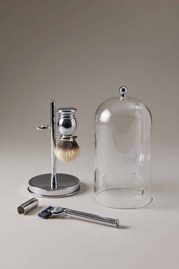 Set barba toilette con campana in Ottone cromato - Chrome plated brass Shaving set with glass dome