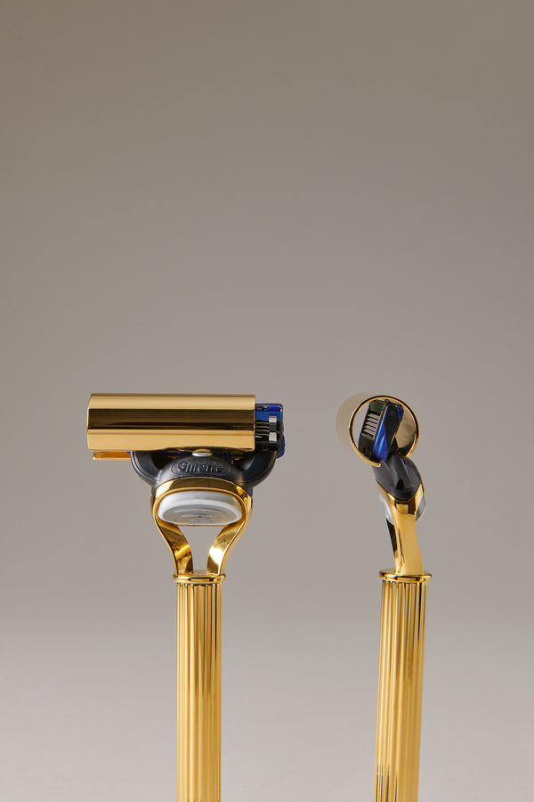 Set rasoio pennello barba viaggio in Dorato - Gold plated brass Travelling shaving set
