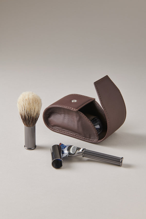 Set rasoio pennello barba viaggio in Nichel nero - Black nikel Travelling shaving set