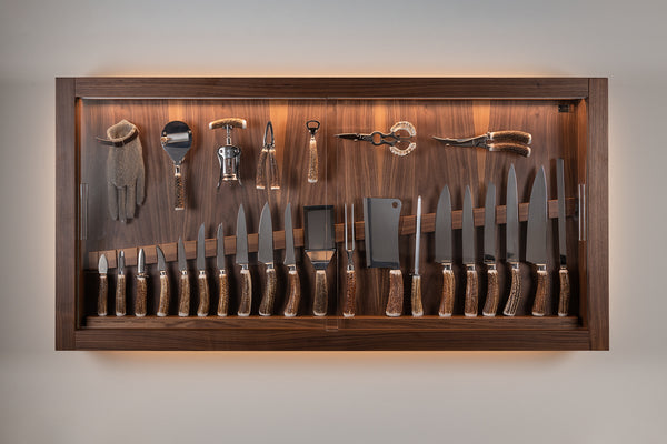 Coltelliera grande con vetro in Cervo (palco) - Stag antler Large cabinet wall-mounted knives set