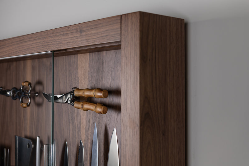 Coltelliera grande con vetro in Bambù - Bamboo root Large cabinet wall-mounted knives set