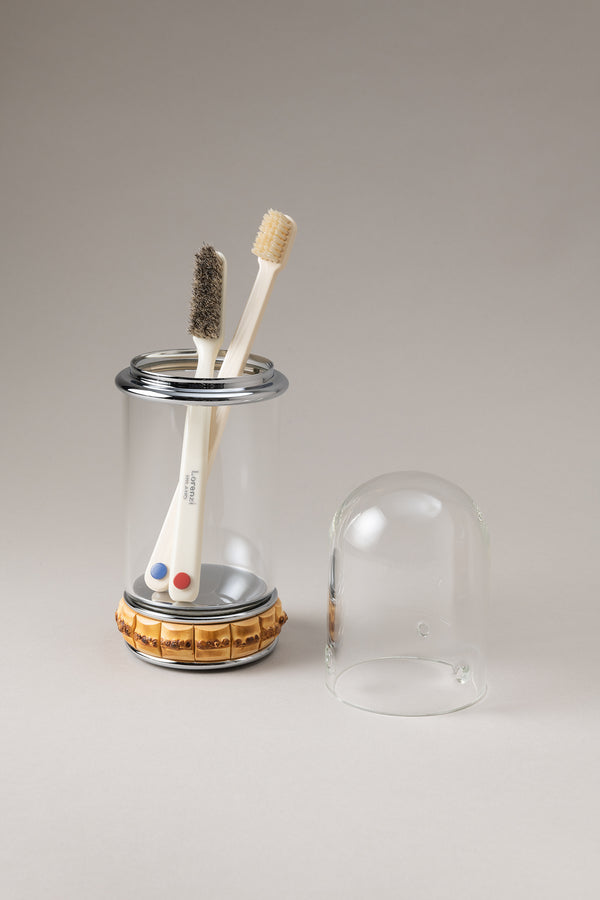 Porta spazzolini contenitore vetro con campana in Bambù - Bamboo root Glass toothbrush pot with glass dome