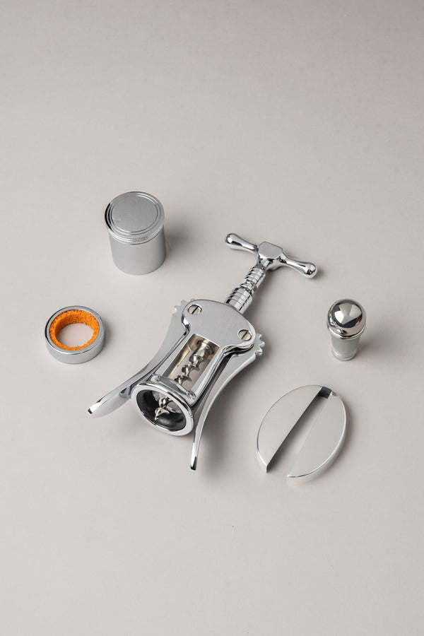 Chrome plated Wooden block wine set