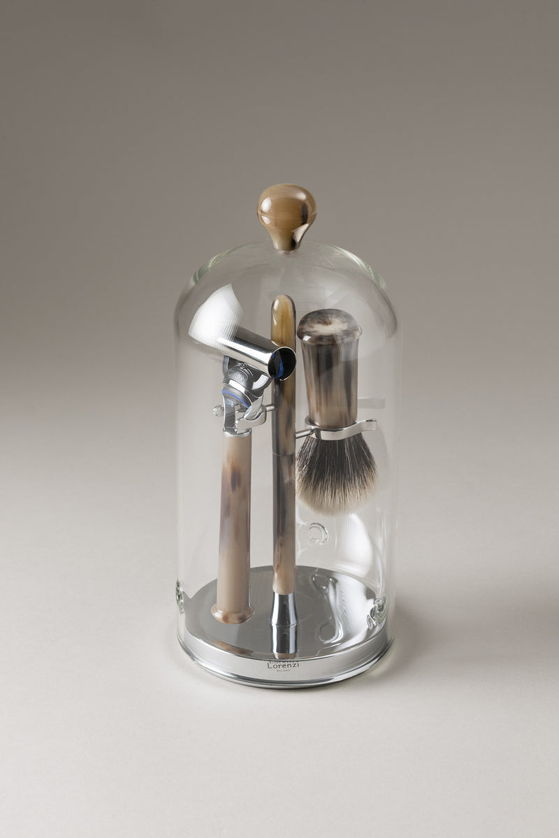 Set barba toilette con campana in Zebu - Zebu Shaving set with glass dome