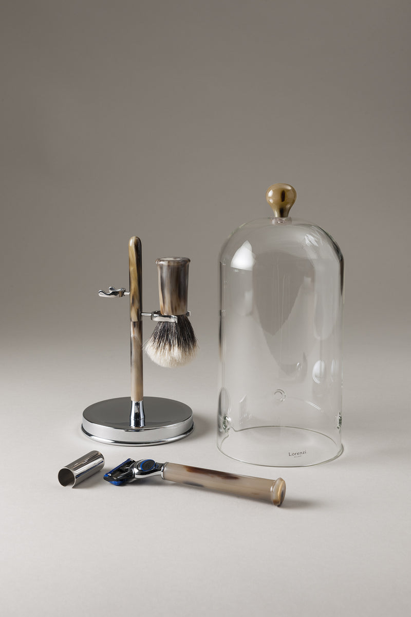 Set barba toilette con campana in Zebu - Zebu Shaving set with glass dome