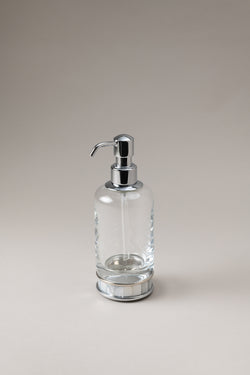 Glass soap dispenser with natural material base