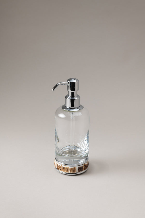 Glass soap dispenser with natural material base