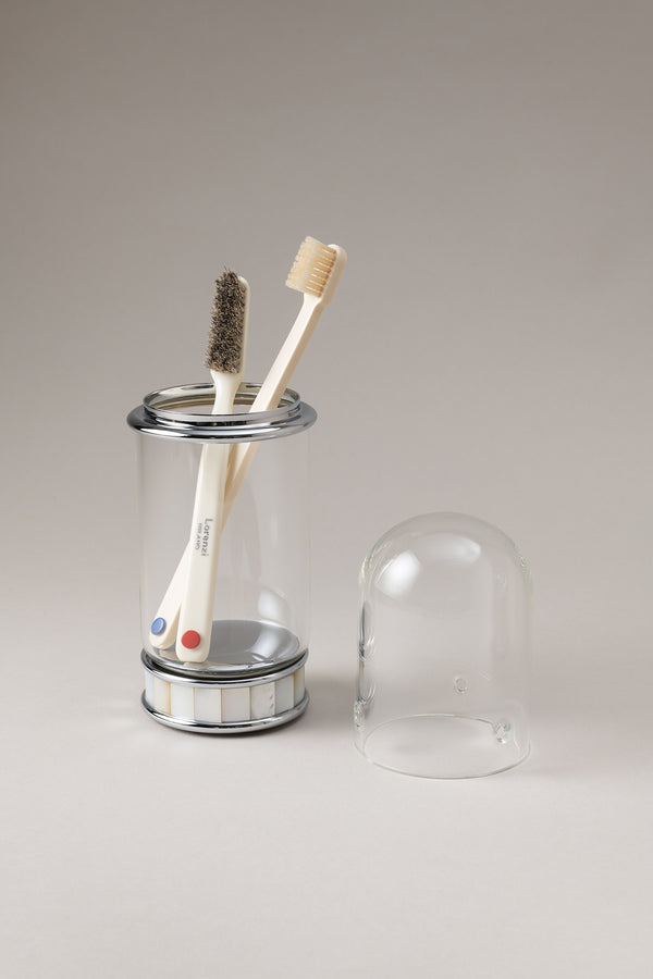 Mother of pearl Glass toothbrush pot with glass dome