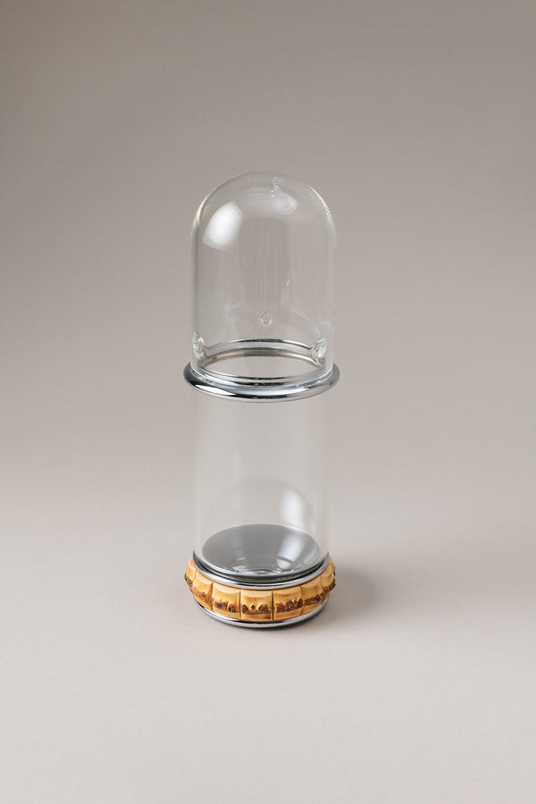 Porta spazzolini contenitore vetro con campana in Bambù - Bamboo root Glass toothbrush pot with glass dome