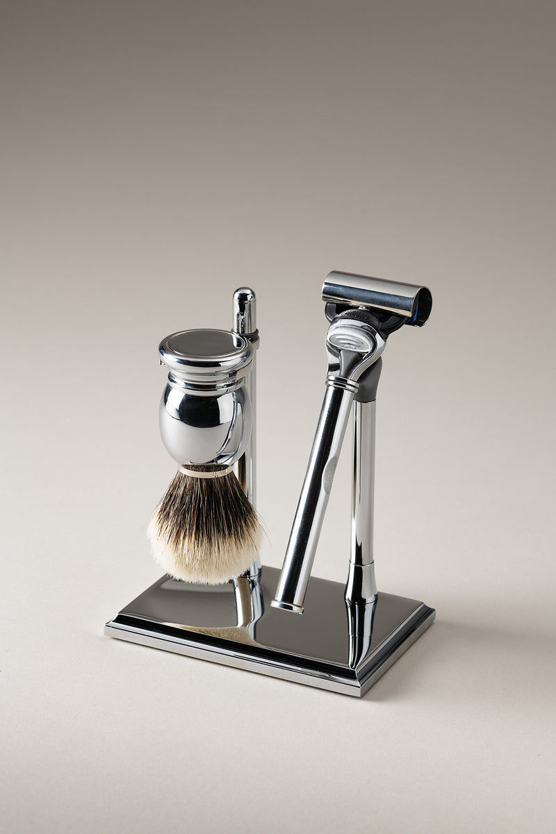 Set rasoio pennello rettangolare in Ottone cromato - Chrome plated brass Rectangular shaving set