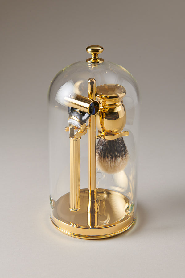 Gold plated brass Shaving set with glass dome