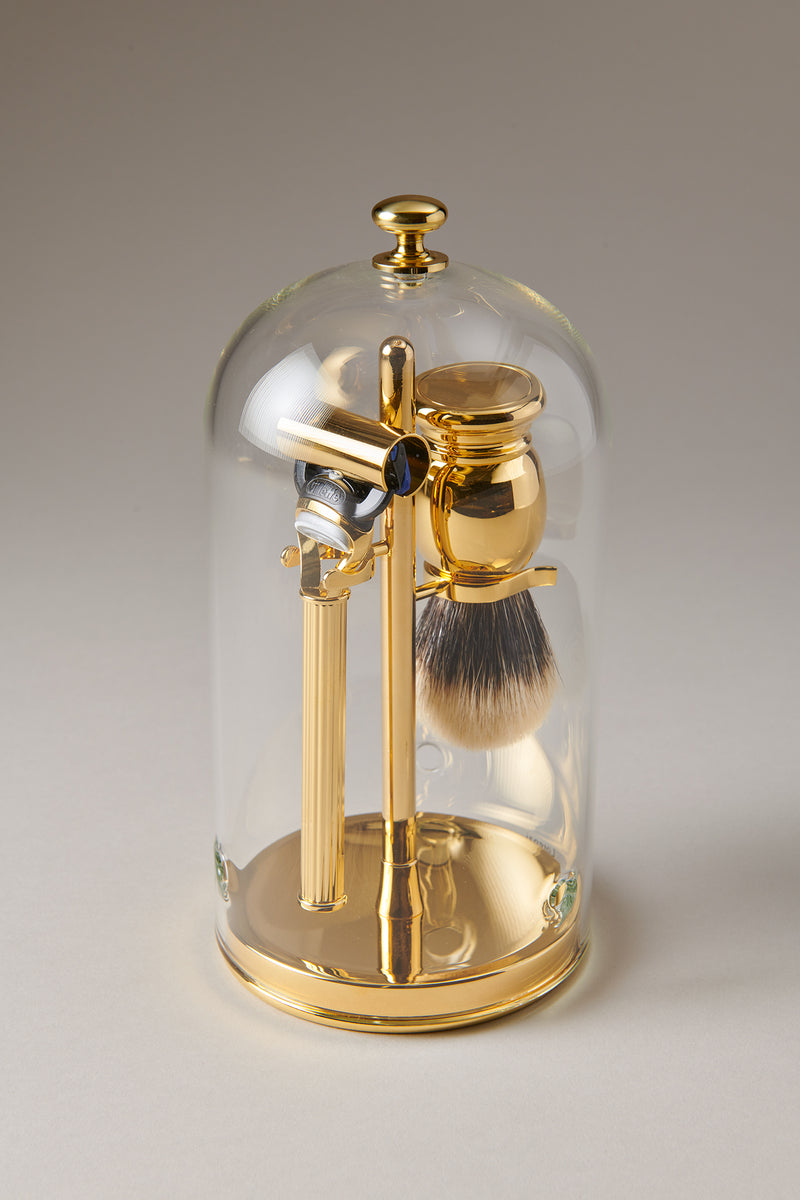 Set barba toilette con campana in Dorato - Gold plated brass Shaving set with glass dome