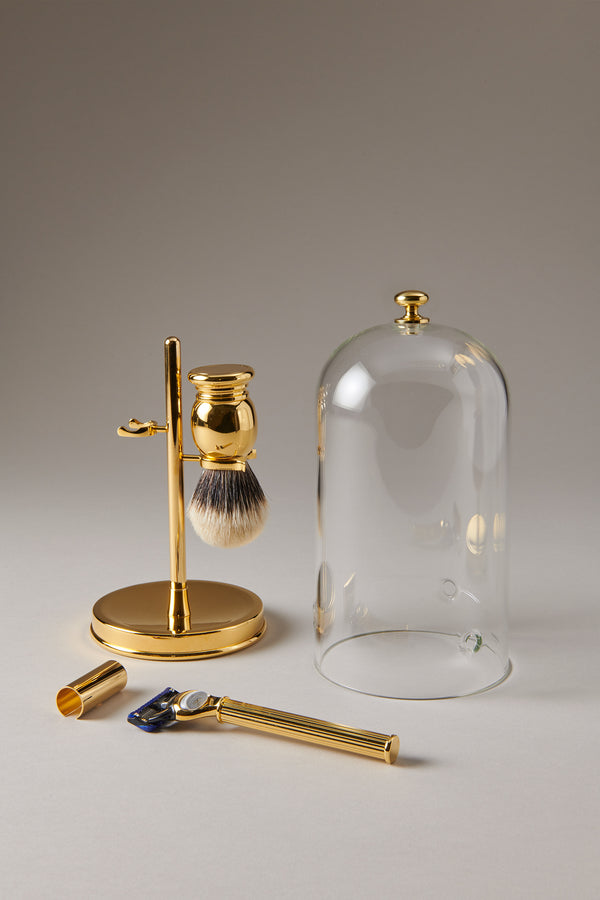 Gold plated brass Shaving set with glass dome