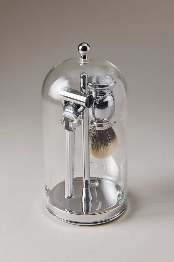Chrome plated brass Shaving set with glass dome