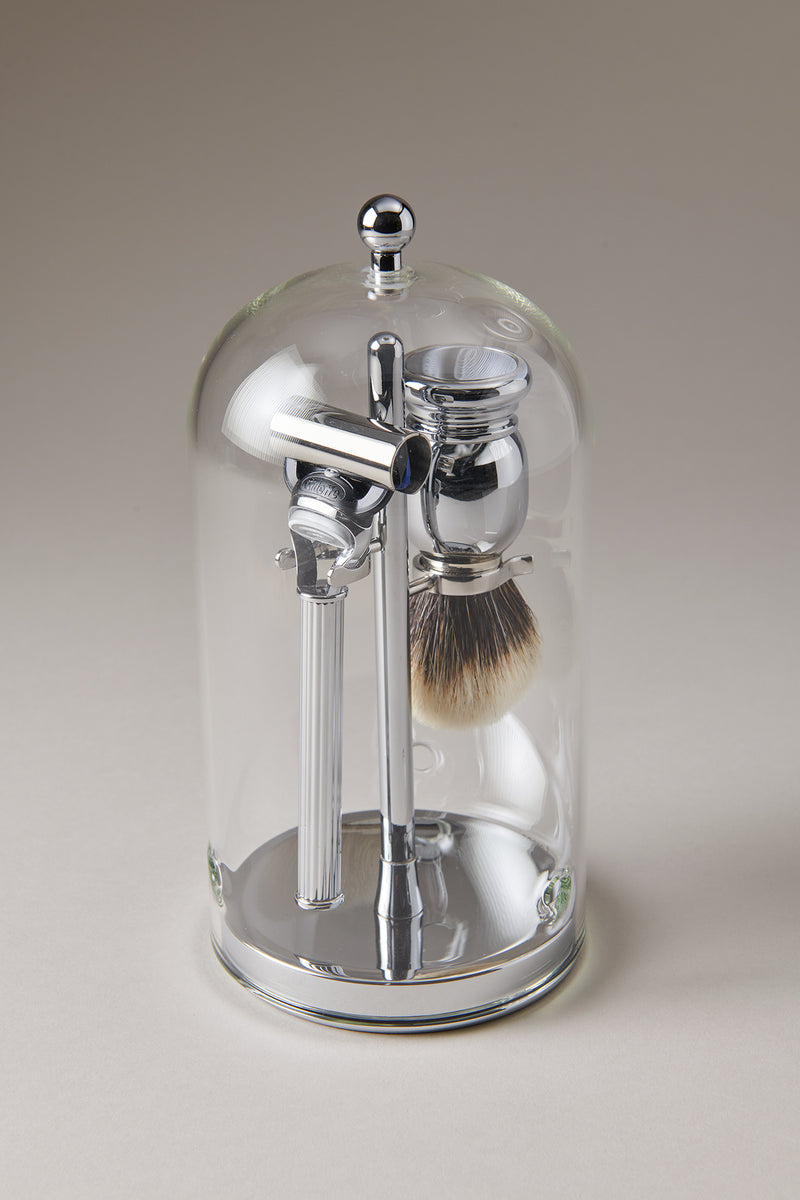 Set barba toilette con campana in Ottone cromato - Chrome plated brass Shaving set with glass dome