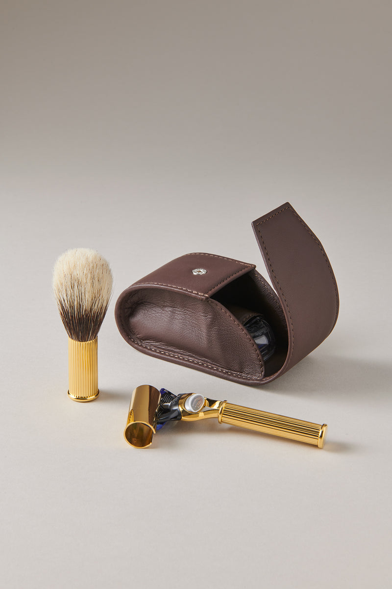 Set rasoio pennello barba viaggio in Dorato - Gold plated brass Travelling shaving set