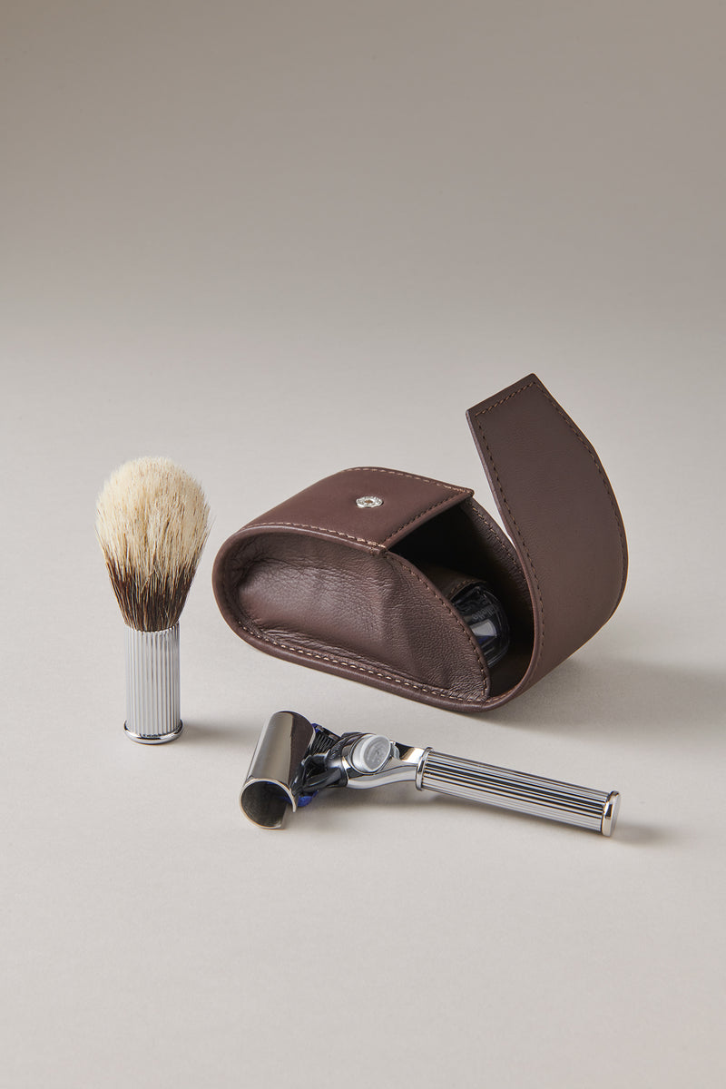 Set rasoio pennello barba viaggio in Ottone cromato - Chrome plated brass Travelling shaving set