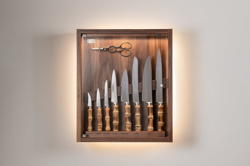 Coltelliera piccola con vetro in Bambù - Bamboo root Small cabinet wall-mounted knives set