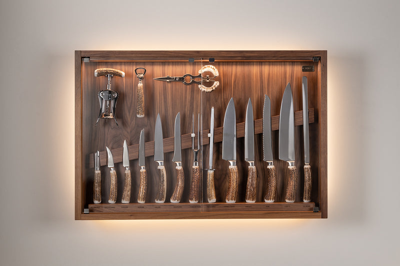 Coltelliera media con vetro in Cervo (palco) - Stag antler Medium cabinet wall-mounted knives set